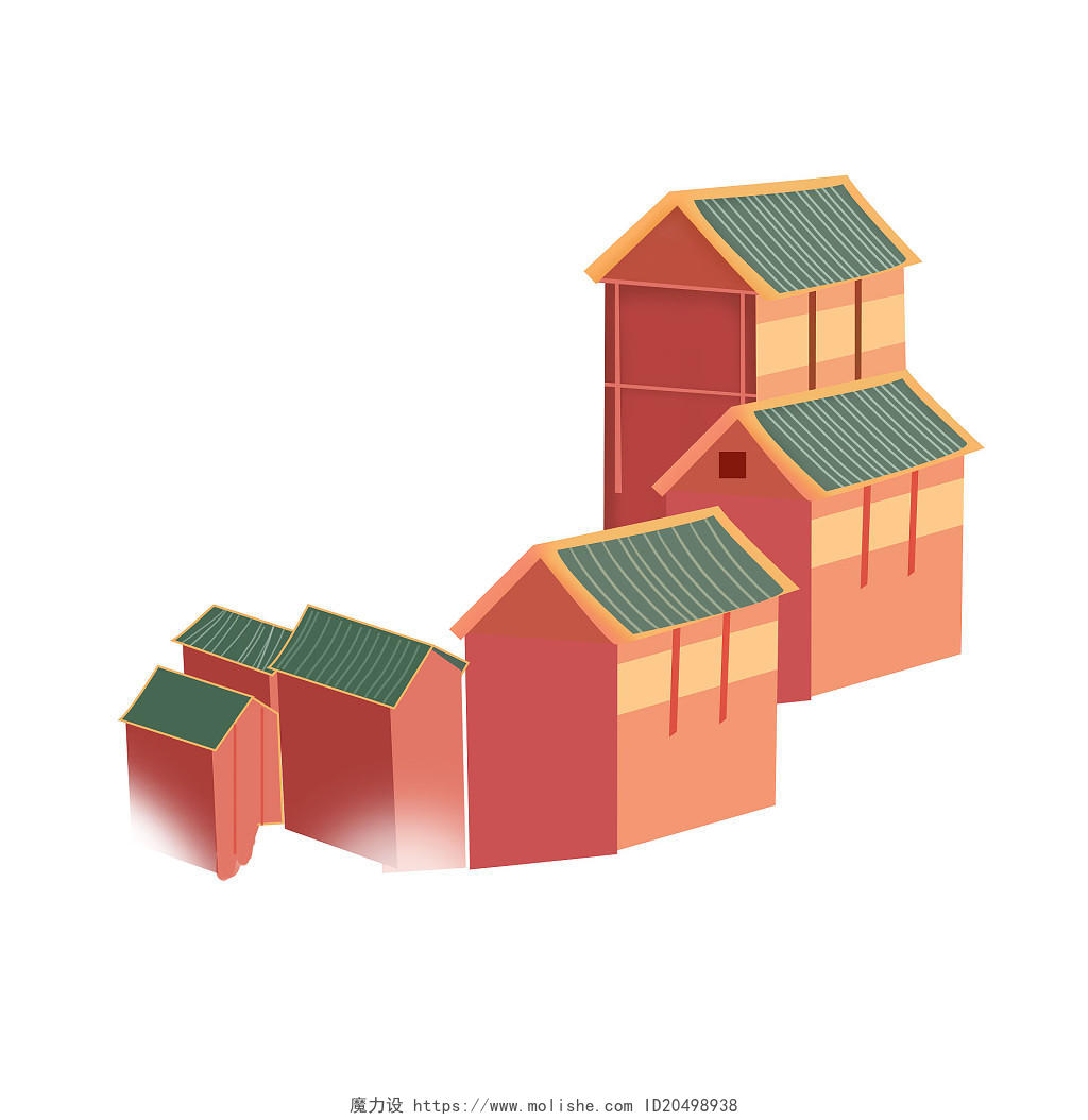 红色手绘卡通国潮古风房子房屋元素PNG素材